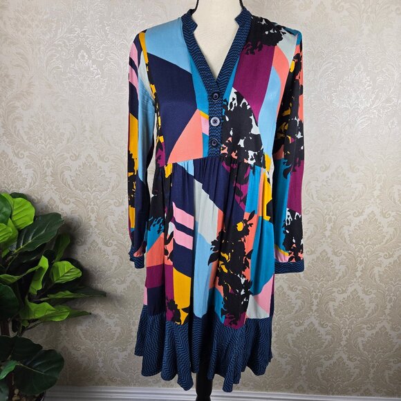 Maeve Anthropologie Size XS Colorful Abstract Swing Dress Long Sleeve Split Vnck - Picture 1 of 16